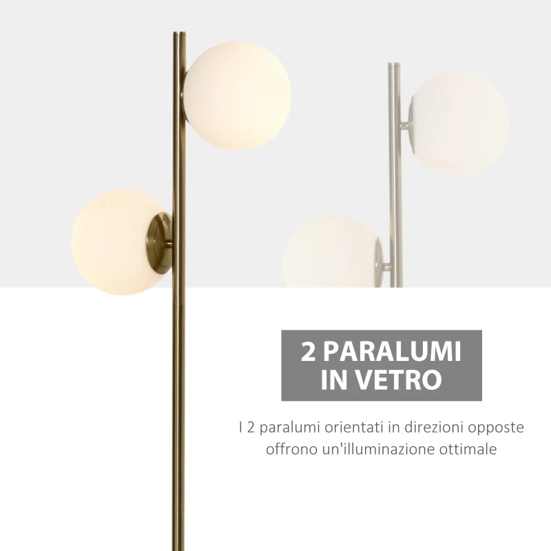 HOMCOM Lampada da Terra con 2 Paralumi a Sfera e Interruttore a Pedale, 35x35x165cm, Oro e Bianco