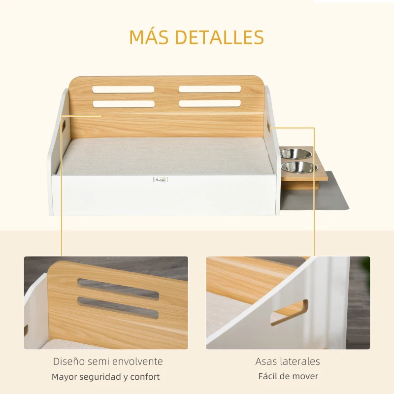 PawHut Cama de Madera para Perros Gatos Cama para Mascotas con Comedero 2 Cuencos Cojín Acolchado y Asas Huecas 100x56x39 cm Roble y Blanco