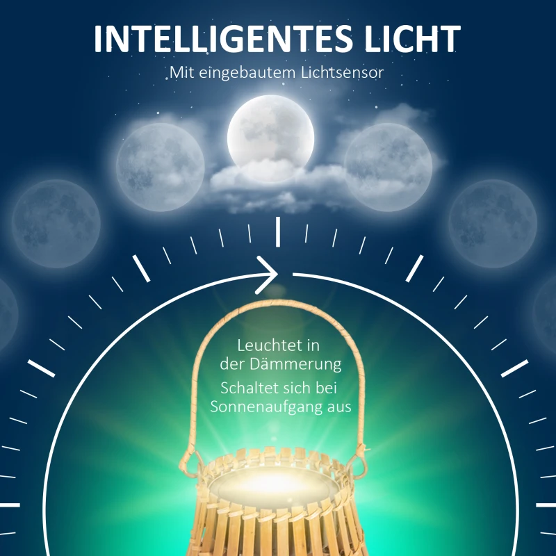 Outsunny Solar-Außenleuchte, 3 Helligkeitsstufen, Automatikbetrieb, Bambusschirm, Ø18,5 x 22 cm