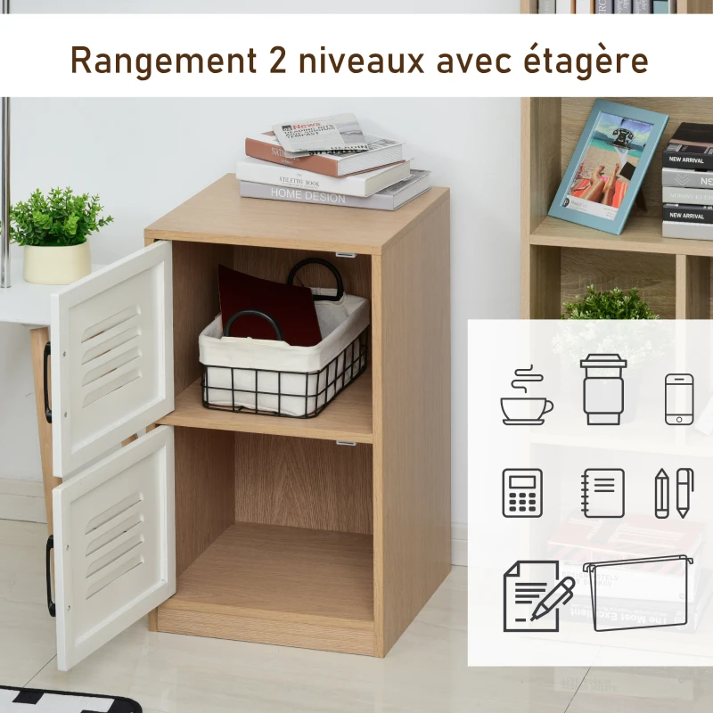 HOMCOM Caisson de bureau rangement bureau 2 portes métal blanc dim. 38L x 39I x 68H cm panneaux particules bois clair