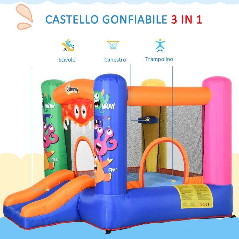 Outsunny Casa Gioco Castello Gonfiabile Gigante per Bambini 3-8 anni Trampolino Rimbalzante Colorato con Scivolo e Canestro 250cmx180cmx175cm