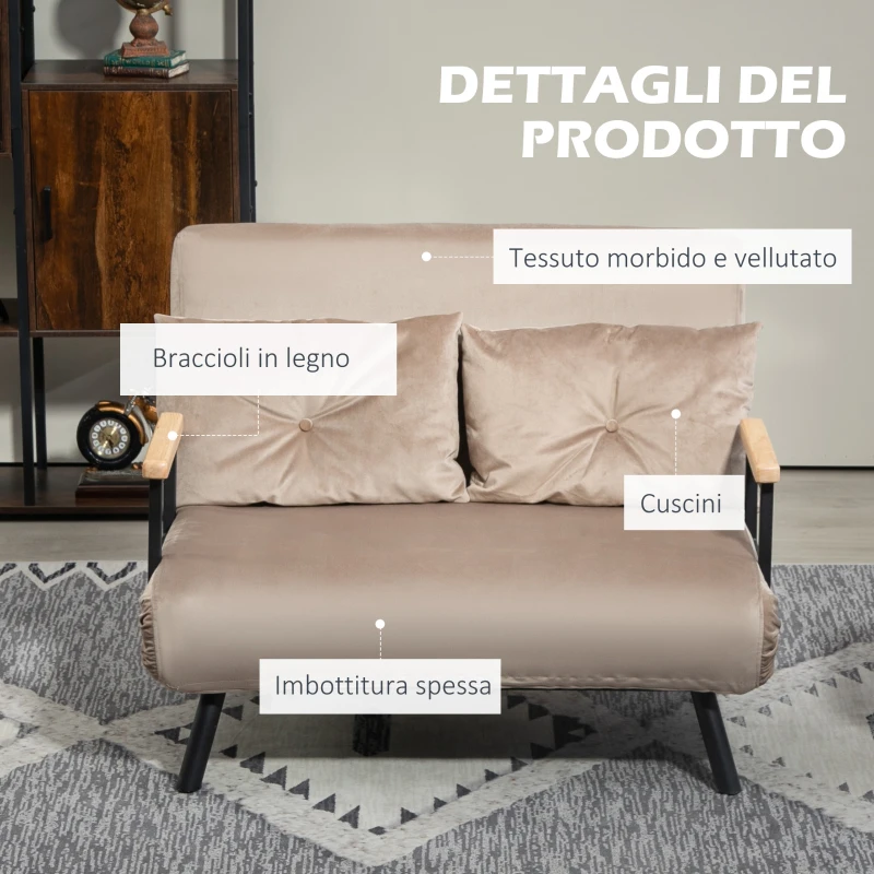 HOMCOM Divano Letto 3 in 1 in Tessuto Effetto Velluto con Schienale Regolabile e 2 Cuscini, 102x73x81 cm, Marrone Chiaro