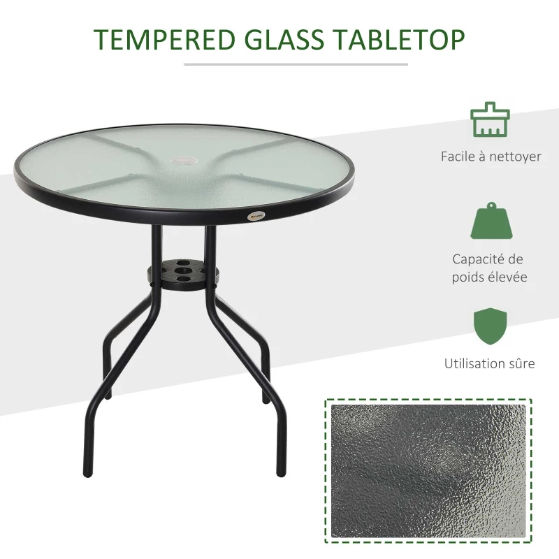 Outsunny Table Ronde Bistro de Jardin dim. Ø 80 x 72H cm Espace Installation Parasol Acier époxy Noir Plateau Verre trempé