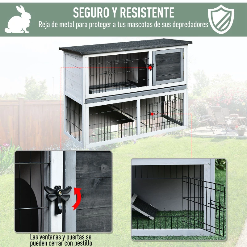 PawHut Conejera de Madera Exterior Jaula para Conejos de 2 Pisos Rampa Bandeja Extraíble y 2 Puertas 108x45x78 cm Gris