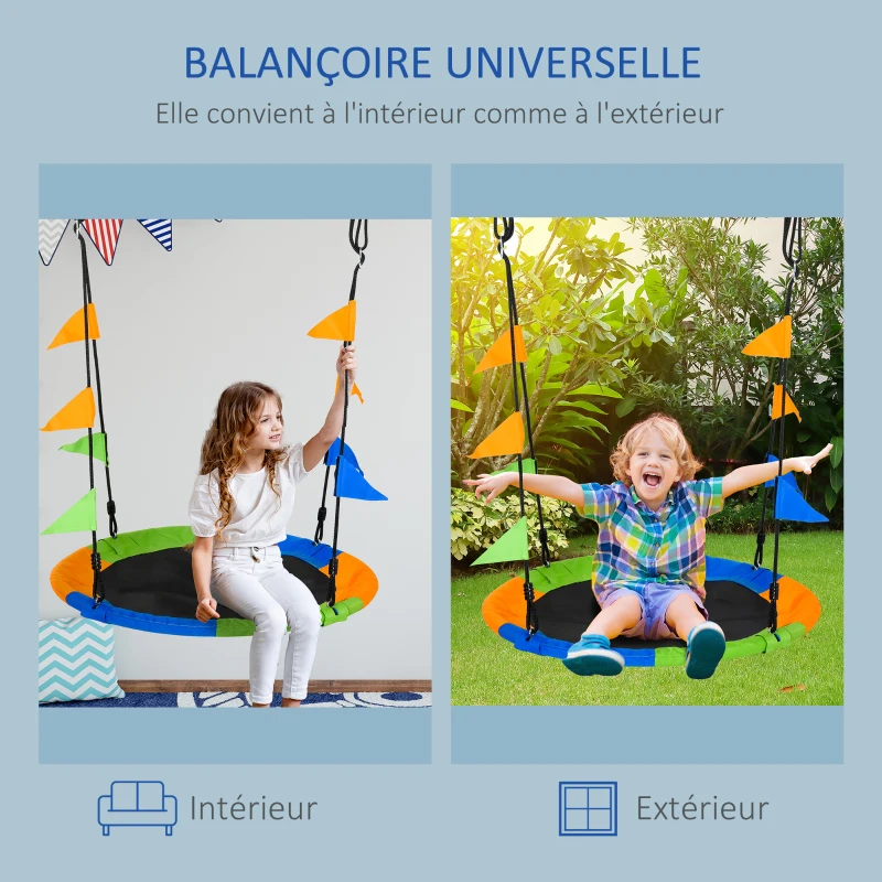 Outsunny Balançoire nid d'oiseau Ronde balançoire Panier Ø 100 cm pour enfant et adulte 2 Anneaux Inclus Poids max. 80 kg métal époxy PP Oxford Haute densité Drapeaux Multicolores