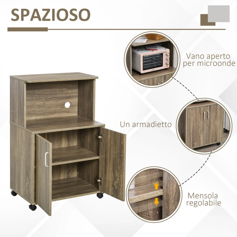 HOMCOM Mobile Cucina Multiuso con 4 Ruote, Armadietto e Ripiano per Microonde, 60.4x40.3x97cm - Grigio