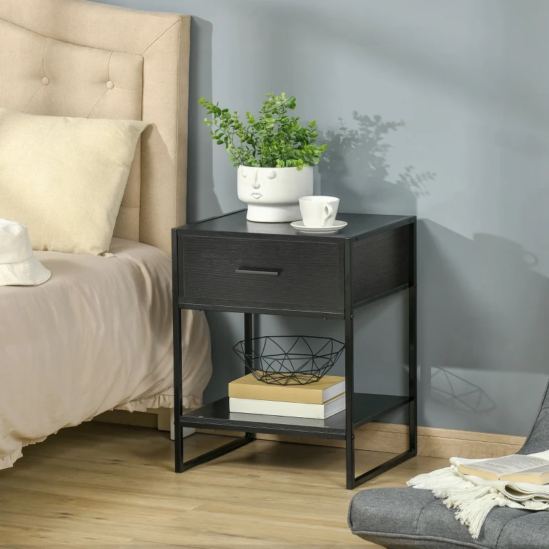 HOMCOM Mesilla de Noche Mesa Auxiliar con 1 Cajón y Estante de Almacenamiento para Dormitorio Salón Oficina 45x40x60 cm Negro