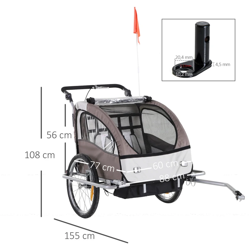 HOMCOM Remolque Infantil 2 Plazas para Bicicleta 2en1 Convertible en Carrito con Reflectores Cinturón 5 puntos Beige y Marrón