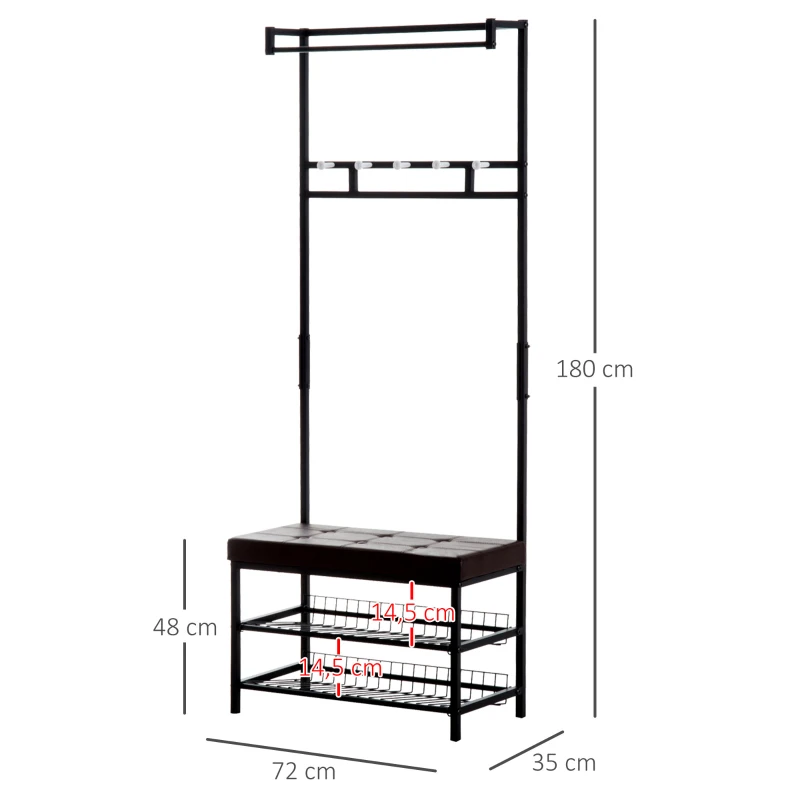 HOMCOM Porte-manteau vestiaire d'entrée banc intégré 2 étagères 5 patères + barre de penderie métal noir revêtement synthétique chocolat