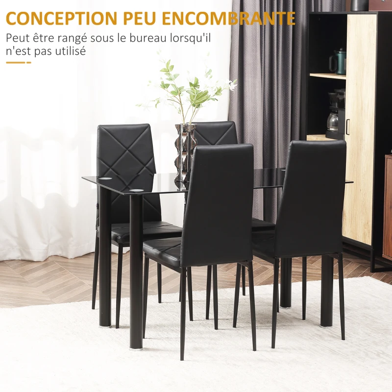 HOMCOM Ensemble de table à manger avec 4 chaises plateau en verre trempé, pieds en acier, pour cuisine salon noir