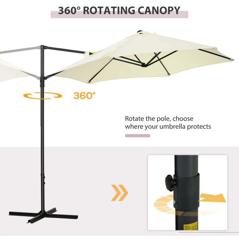Outsunny 2.5M Garden Cantilever Parasol, Offset Roma Patio Umbrella Hanging Sun Shade Canopy Shelter with 360° Rotation and Cross Base, Beige