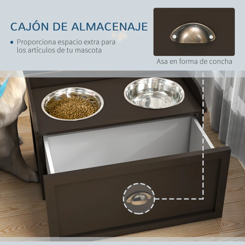 PawHut Comedero Elevado para Perros Grandes con 2 Cuencos de 2000 ml de Acero Inoxidable y 1 Cajón 63x30x36 cm Marrón