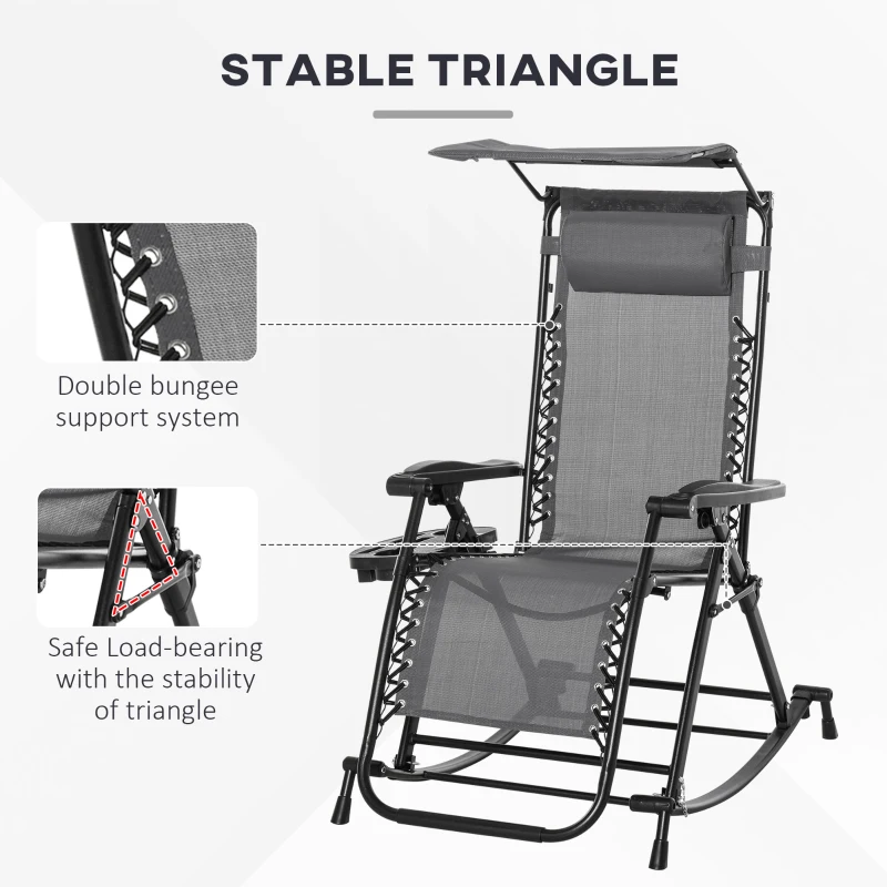 Outsunny Garden Rocking Chair Folding Recliner Outdoor Adjustable Sun Lounger Rocker Zero-Gravity Seat with Headrest Side Holder Patio Deck - Grey