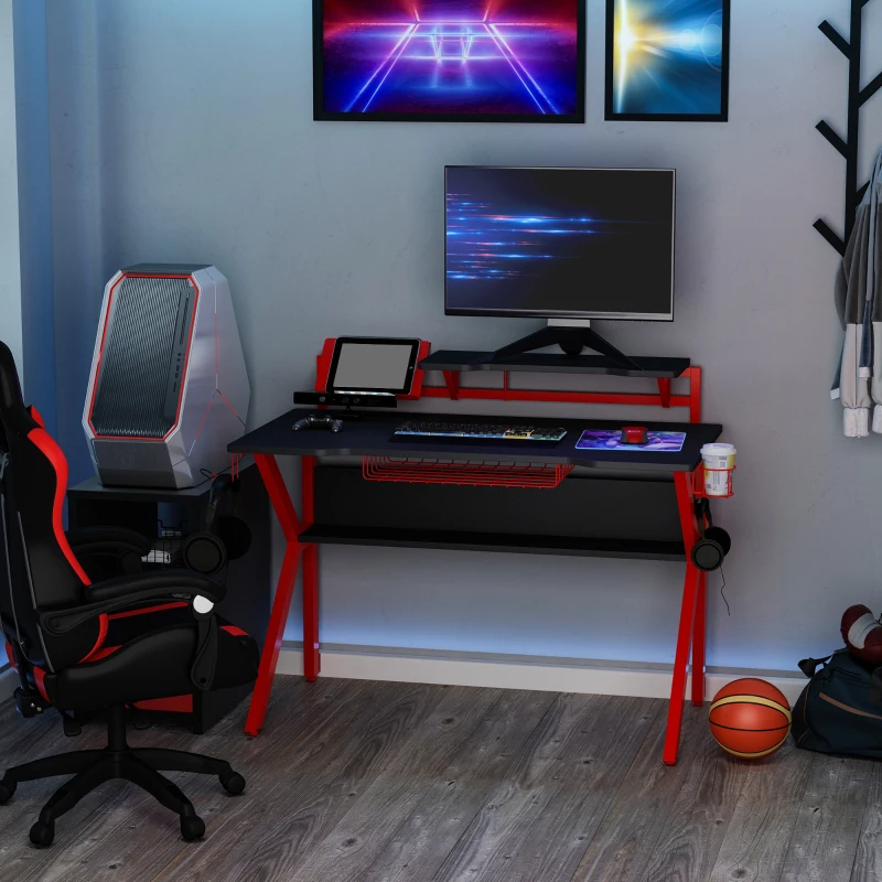 HOMCOM Gaming Desk, Computer Table with Monitor Stand, Cup Holder, Headphone Hook, Wire Basket and Metal Frame, 120cm, Red
