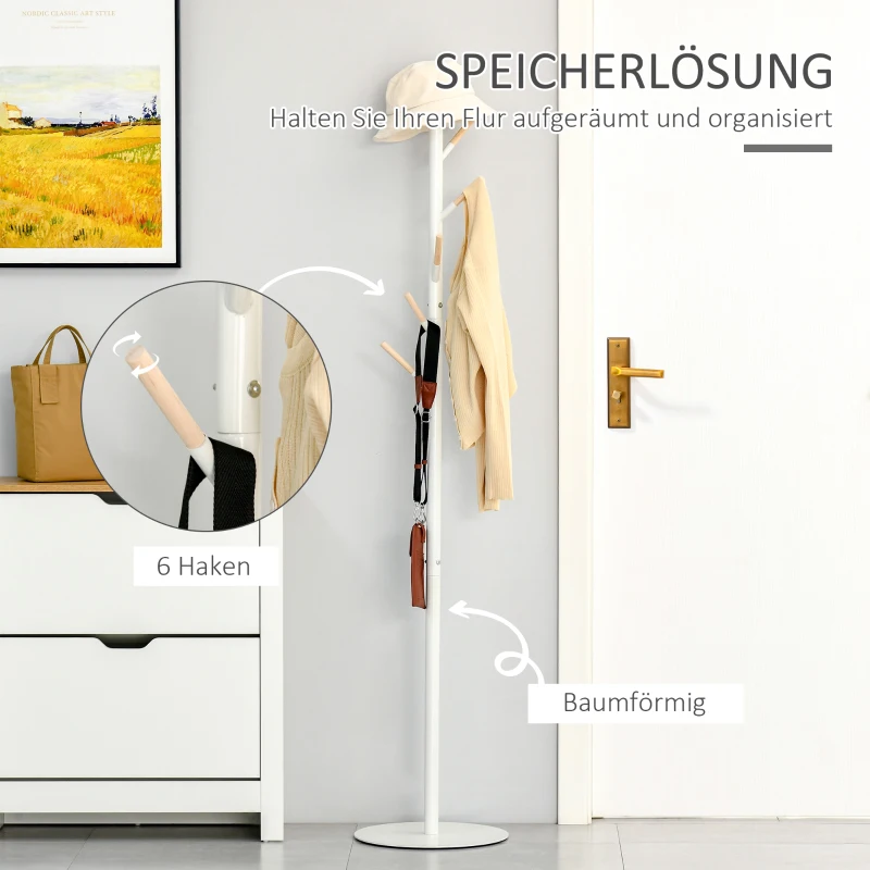 HOMCOM Garderobenständer mit 6 Haken Standgarderobe mit Metallfuß Kleiderständer Flurgarderobe Metall Weiß 35 x 35 x 174 cm