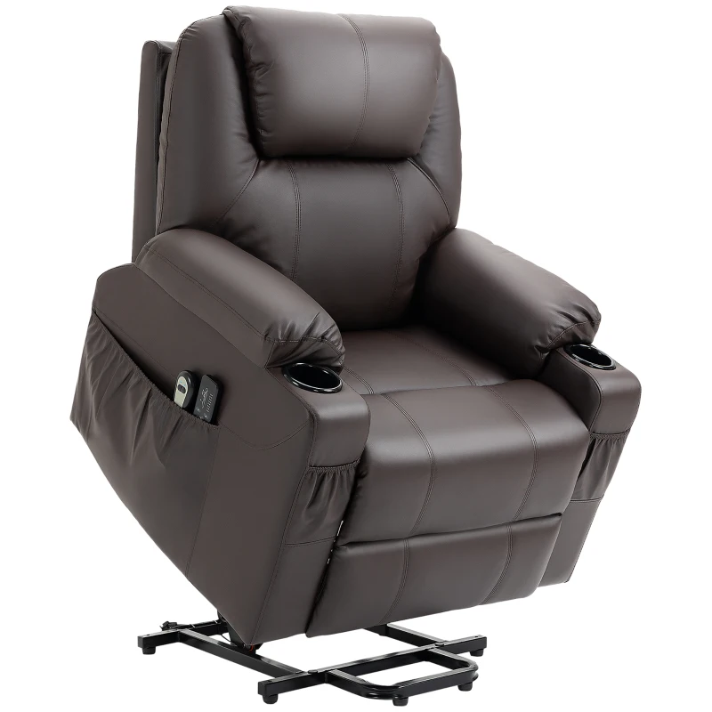 HOMCOM Massagesessel mit Aufstehhilfe, Liegefunktion, Kunstleder, bis 150 kg, 88 x 99 x 106 cm, Braun(m-13)