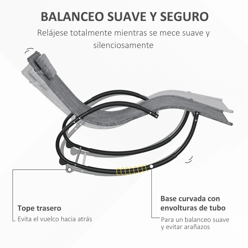 Outsunny Tumbona Mecedora con Reposacabezas Reposabrazos y Marco Metálico Carga 120 kg para Interior y Exterior 155x61x88 cm Gris