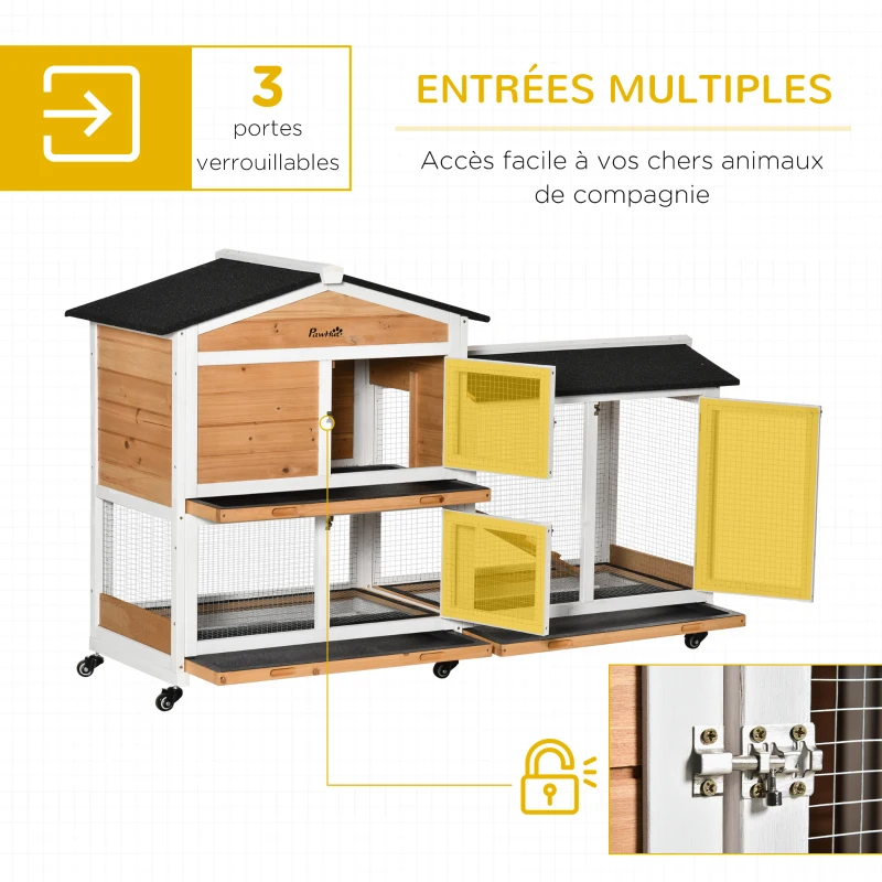 PawHut Clapier bois pour lapins petit enclos animaux villa pour lapin sur roulettes 2 étages 3 plateaux coulissants jaune