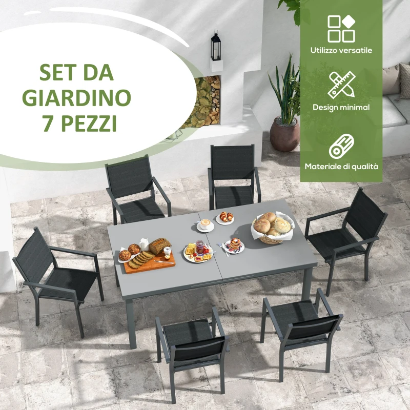 Outsunny Set da Giardino 7 Pezzi in Alluminio con 6 Sedie Pieghevoli e Tavolo Allungabile, Grigio e Nero