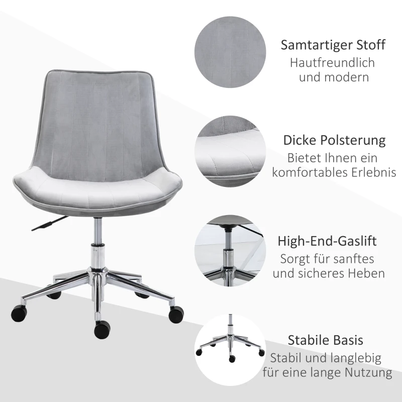 HOMCOM Bürostuhl Schreibtischstuhl Drehstuhl drehbar Höhenverstellbar 360°, Samtstoff, Grau, 52,5 x 60 x 82-91 cm