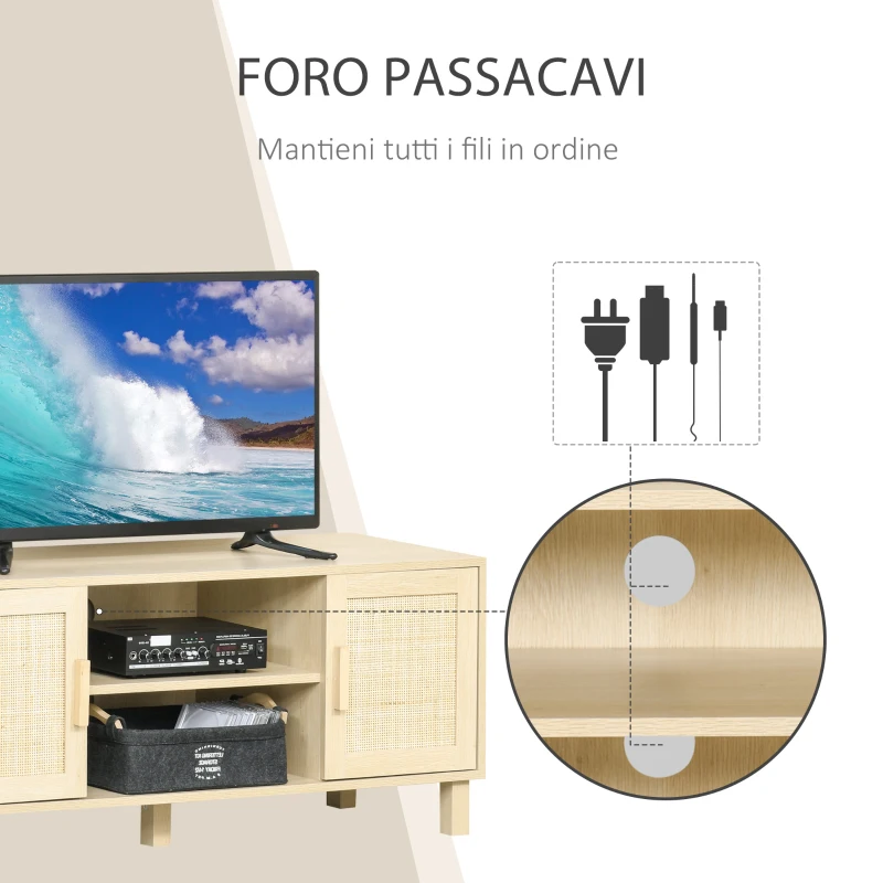 HOMCOM Mobile Porta TV con Vani Aperti e Ante in Rattan, Mobiletto per TV Fino 50", 115x40x48cm, Colore Legno