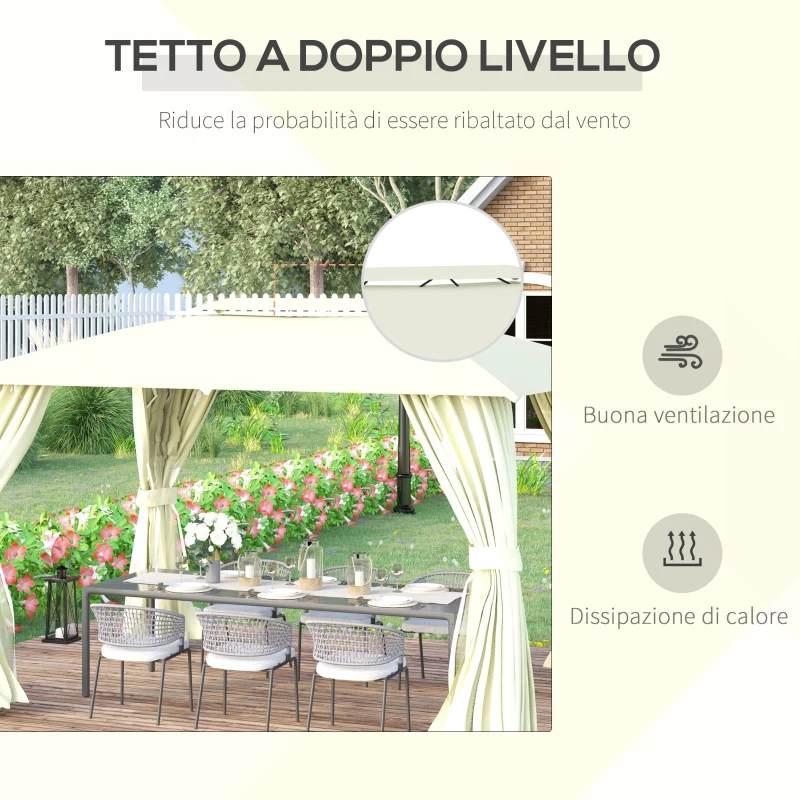 Outsunny Gazebo da Giardino 4x3m con Doppio Tettuccio, Pareti in Poliestere e Struttura in Acciaio, Beige