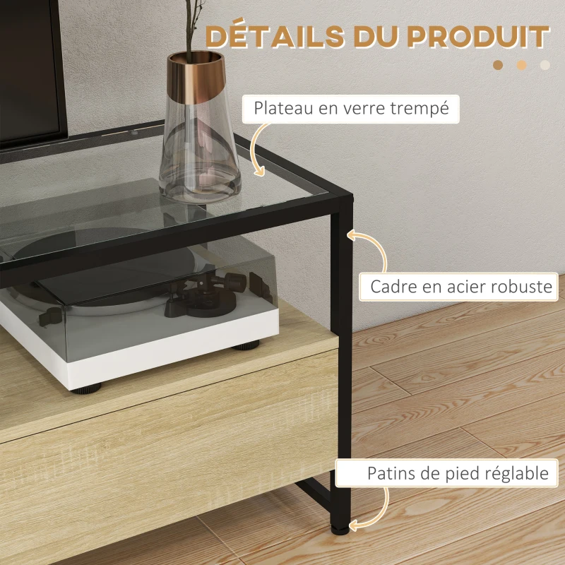 HOMCOM Meuble TV pour télévision jusqu'à 65 pouces plateau en verre trempé strucuture en acier avec 3 tiroirs 148 x 40 x 47 cm