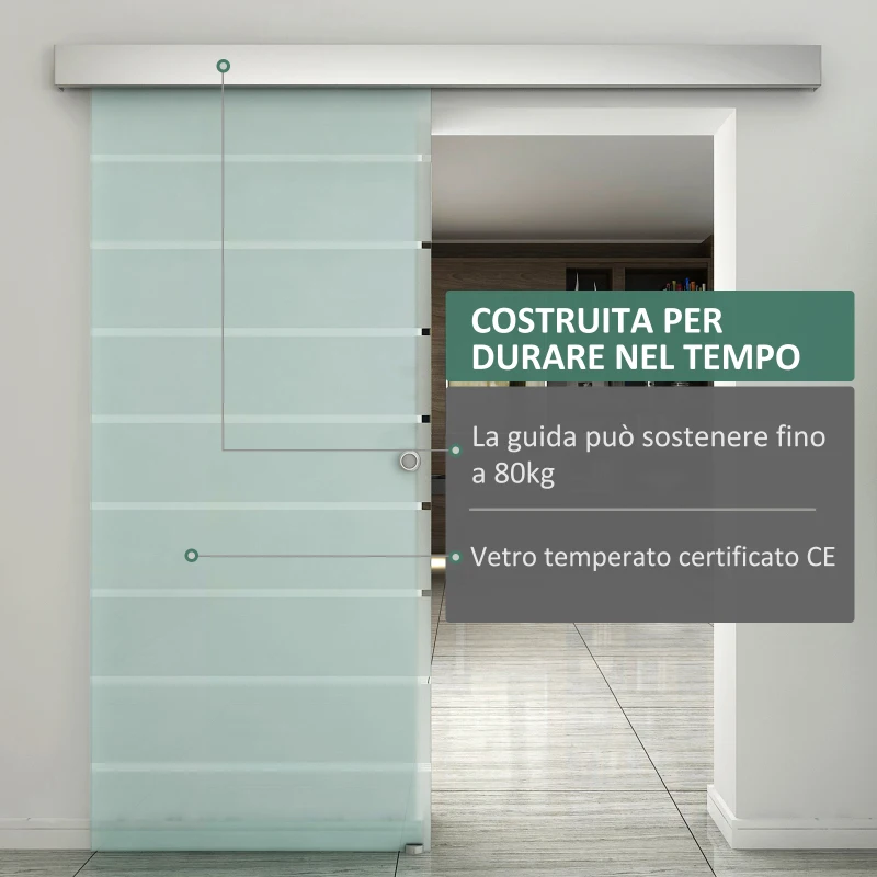 HOMCOM Porta Scorrevole Interna in Vetro Smerigliato e Satinato con Binario B1 e Maniglia per Bagno Cucina Studio Vetro 205x 90x 0,8cm