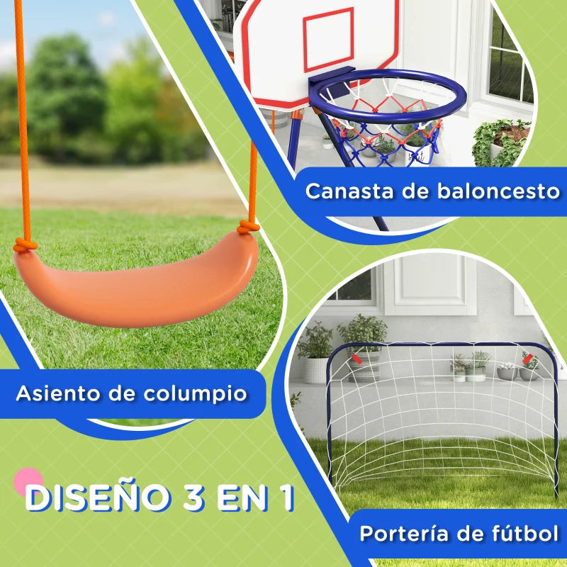 Outsunny Columpio para Niños de 3-8 Años 3 en 1 con Canasta y Portería de Fútbol Desmontable Marco de Acero Multicolor