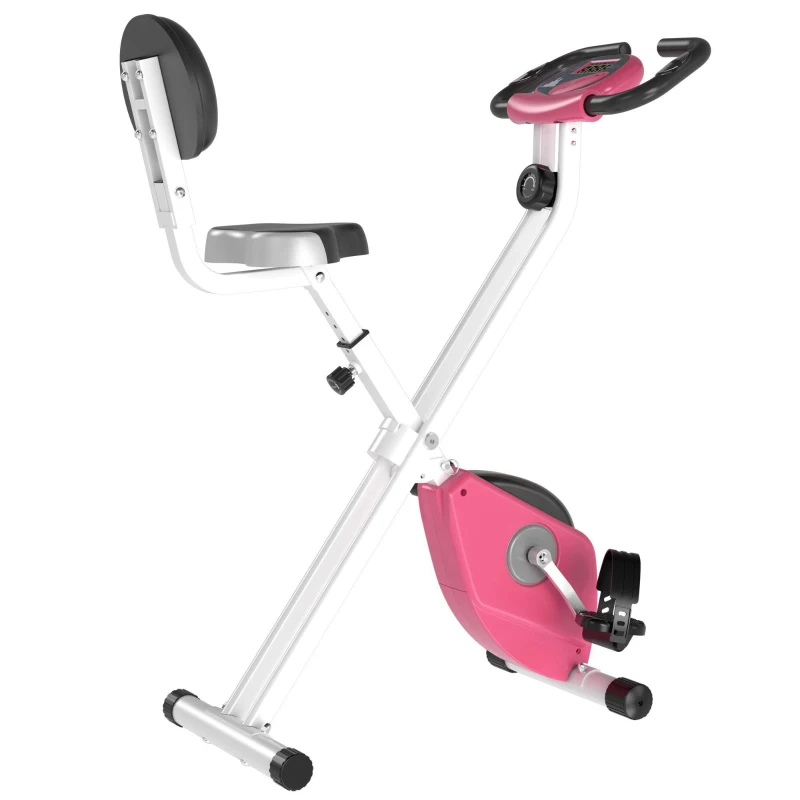 HOMCOM Heimtrainer Fahrradtrainer klappbar Magnetisch Hometrainer Fahrrad mit LCD Monitor, 8 stufig einstellbarem Magnetwiderstand, Platzsparend Fitnessbikes für Zuhause Rosa+Weiß