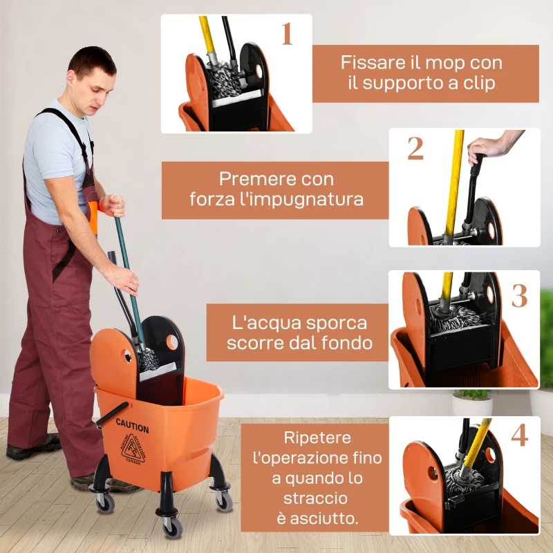 HOMCOM Carrello delle Pulizie Professionale Capacità 26L Strizzatore Rimovibile con Ruote 44 × 36 × 90cm Arancione