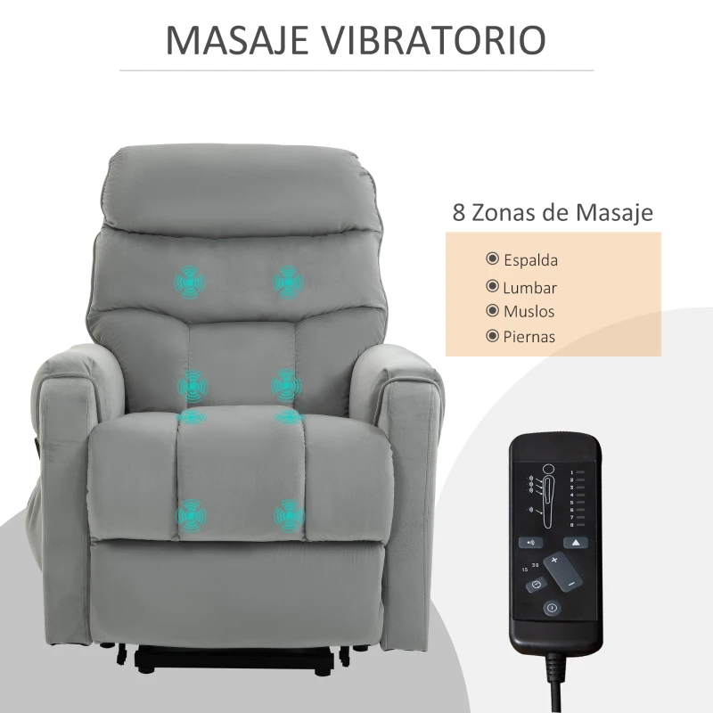 HOMCOM Sillón de Masaje Relax Sillón Levantapersonas con Reclinación Eléctrica hasta 135° Control Remoto y 8 Zonas de Masaje Tapizado en Terciopelo y Acolchado 79x97x103 cm Gris