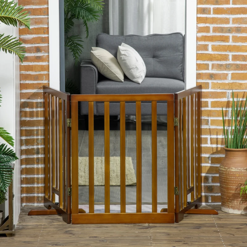 PawHut Cancellino per Cani Pieghevole a 3 Pannelli con Piedini Antiscivolo per Corridoi, Scale e Stanze, in Legno di Pino, 181x35x76 cm, Marrone Scuro