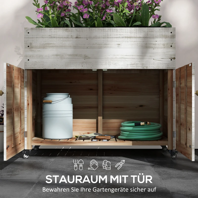 Outsunny Hochbeet mit Rädern, Schrankfach, Innenauskleidung, Used Look, 110x50x95 cm, Weiß