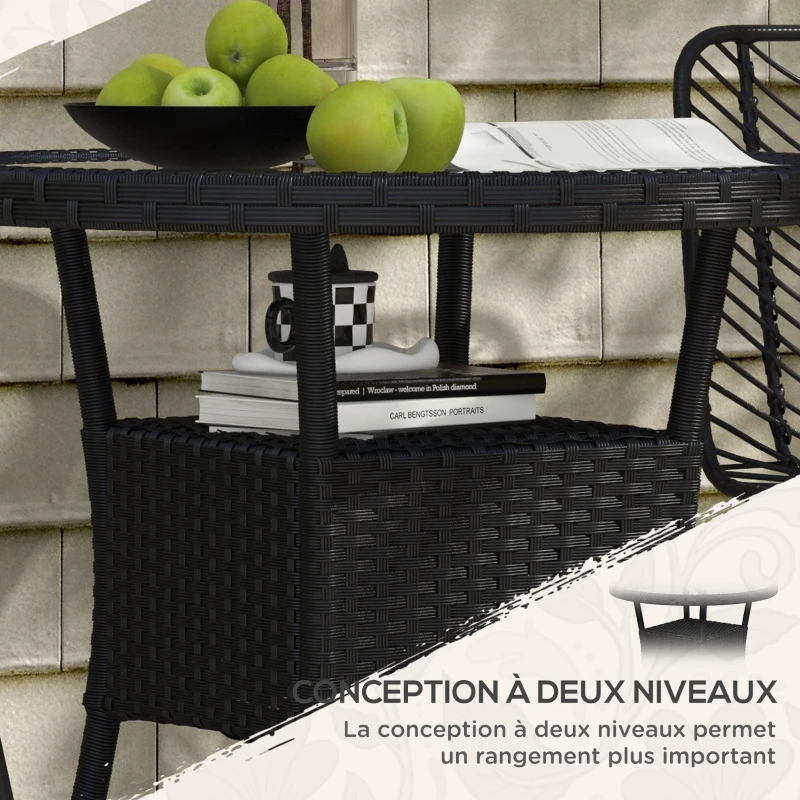 Outsunny Table ronde de jardin en résine tressée et plateau verre trempé 1 étagère de rangement, style cosy chic Ø80 x 75H cm