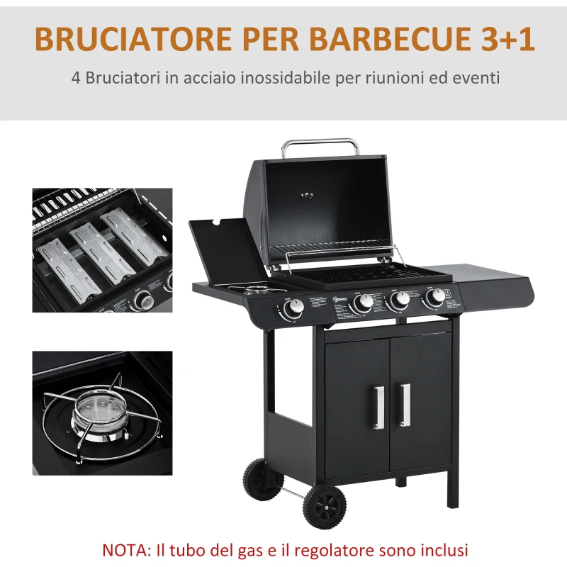 Outsunny Barbecue a Gas con Coperchio, 4 Bruciatori da 11.6kW, Fornello, Mensola e 2 Ruote, 110x50x100cm Nero