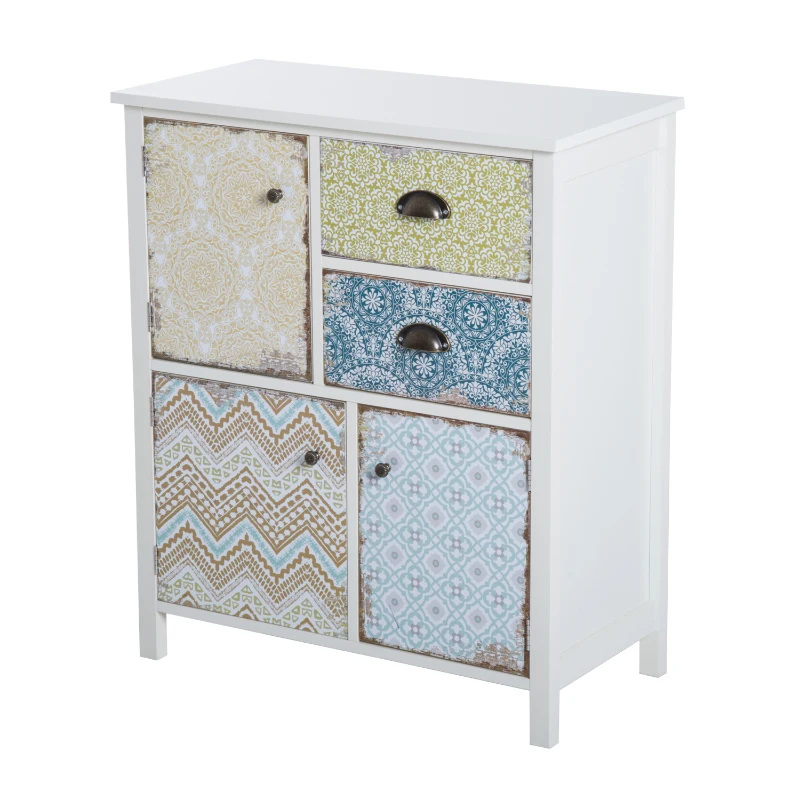 Commode style néo-rétro graphique 3 placards porte + 2 tiroirs blanc