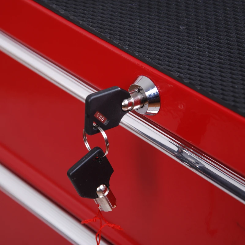 HOMCOM Carrello Porta Utensili con 5 Cassetti, Serratura, 2 Chiavi e Manubrio Parete Smontabile 2 Ruote con Freno in Lamiera d'Acciaio EVA Rosso 67,5x33x77cm