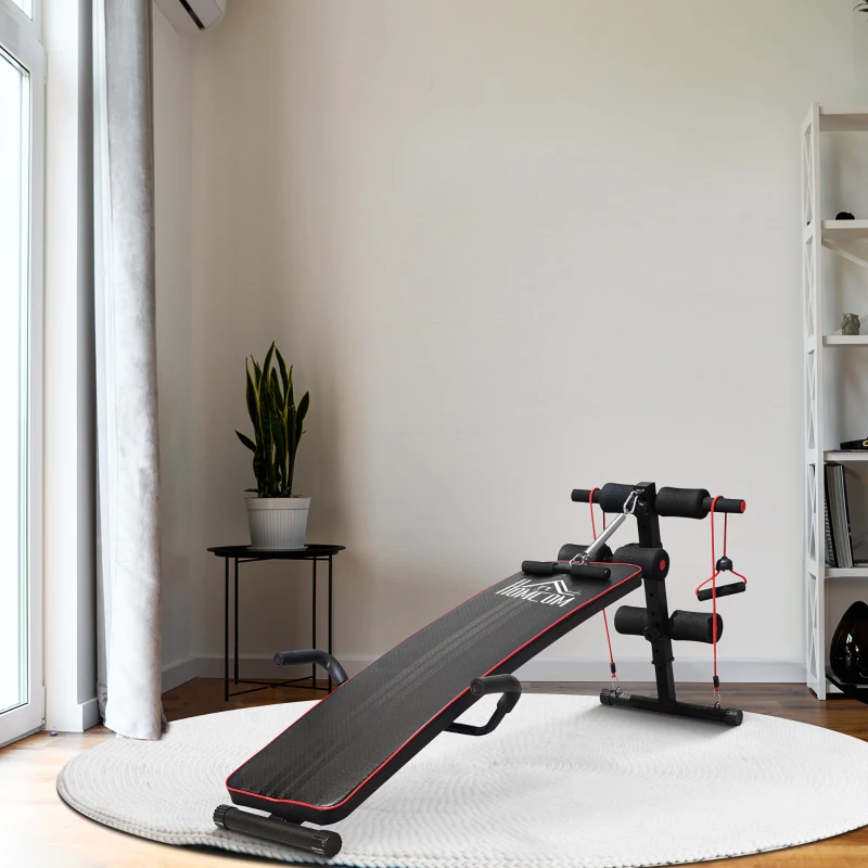 HOMCOM Banc de musculation appareil à abdo hauteur réglable 137,5L x 55,5l x 50-68H cm 2 bandes de résistances + ressort central traction acier noir rouge