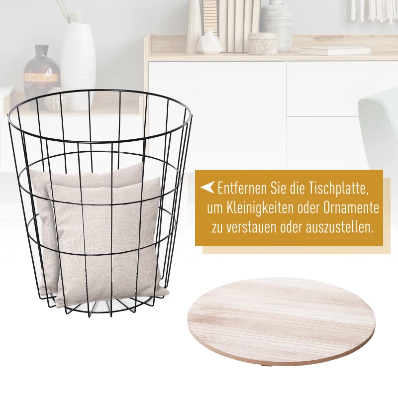 HOMCOM Kaffeetisch mit Stauraum, Beistelltisch, Couchtisch, Nachttisch, Metall MDF, Natur, Ø39,5 x 43 cm