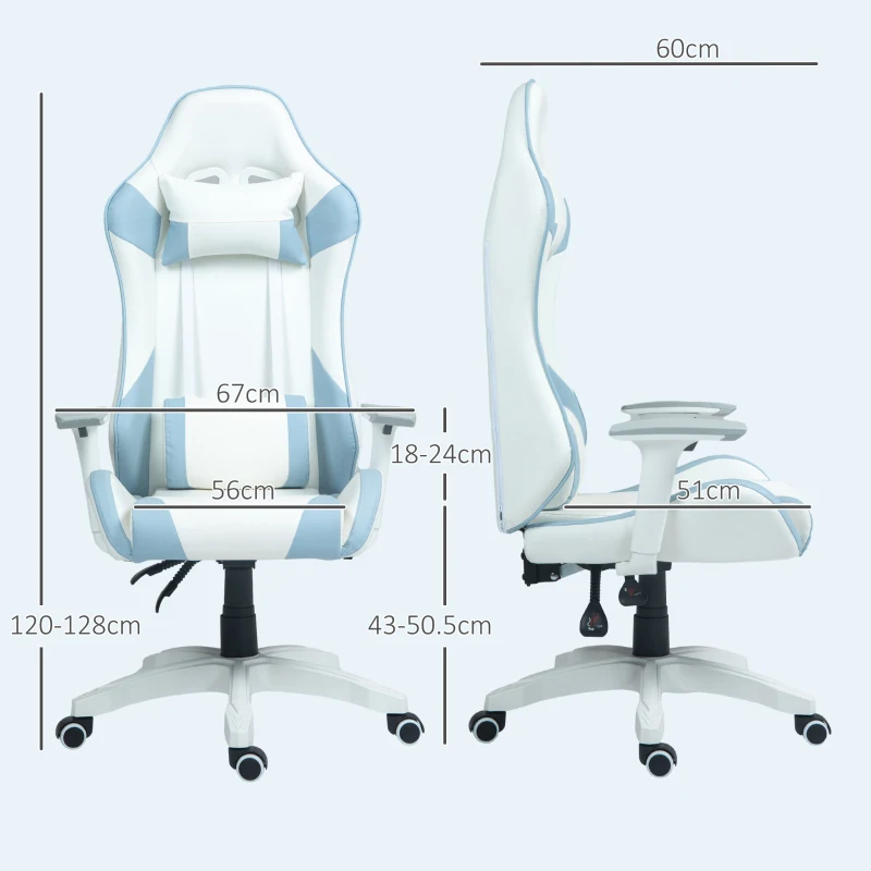 HOMCOM Faux Leather Colour Block Gaming Chair, with 135° Reclining Back - Blue/White