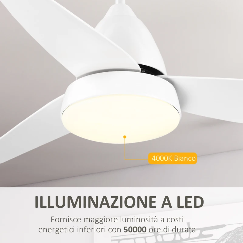 HOMCOM Ventilatore da Soffitto a 6 Velocità con Luce LED e Telecomando, in Acciaio, Ø122x45cm, Bianco