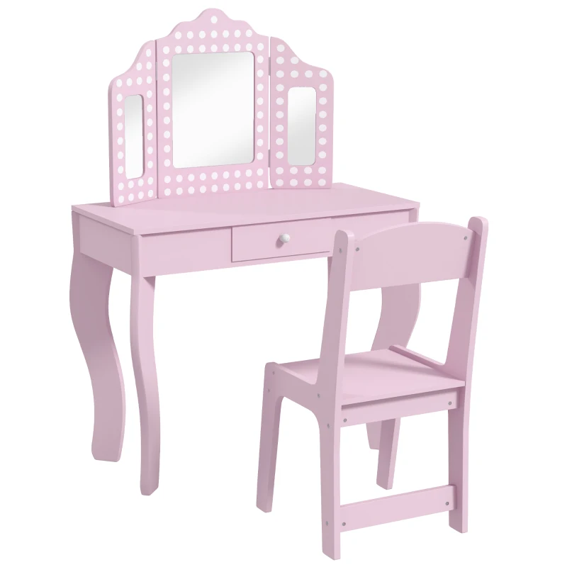 AIYAPLAY Kids Dressing Table Sets with Stool and Tri-Fold Mirror, Drawer for Playroom, Bedroom - Pink
