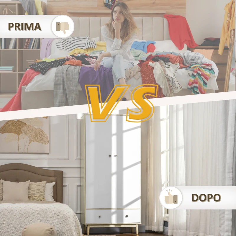 HOMCOM Armadio 2 Ante in Legno con 4 Vani, 2 Cassetti e Appendiabiti, Color Legno e Bianco, 90x50x190cm