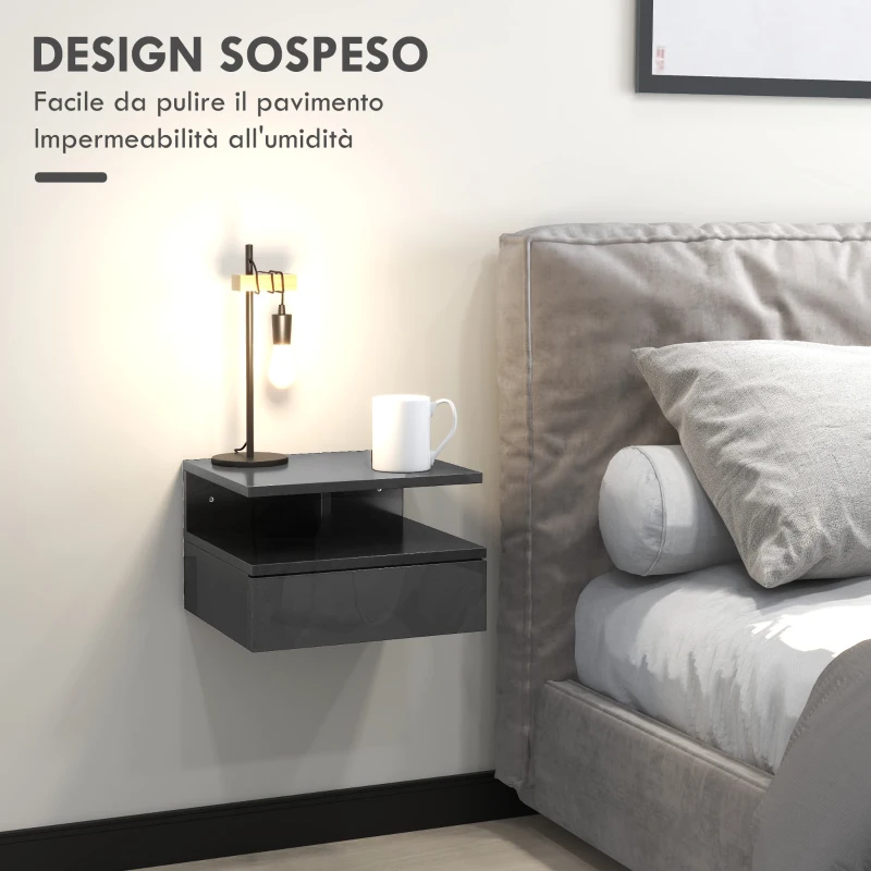 HOMCOM Set da 2 Comodini Moderni Sospesi con Cassetto e Mensola in Legno 35x32x22.5cm, Nero Lucido