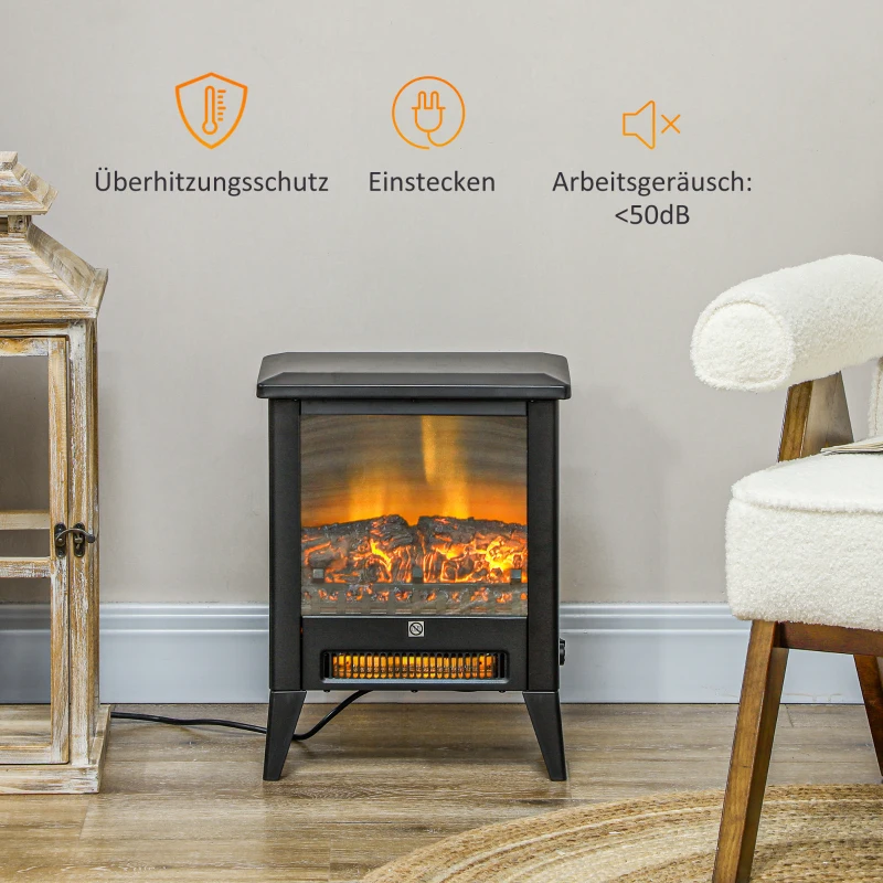 HOMCOM Elektrischer Kamin mit realistischem Feuereffekt, Überhitzungsschutz und niedrigem Geräuschpegel, 1800W, Schwarz