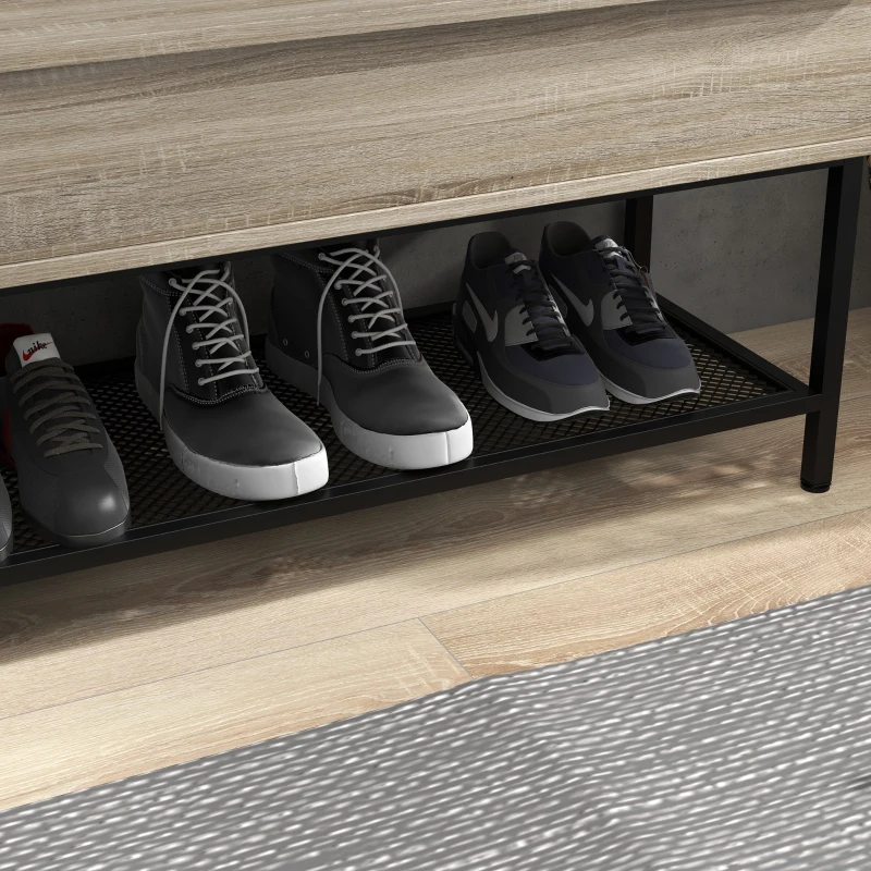 HOMCOM Banco Recibidor con Tapa Abatible Mueble Zapatero con Compartimento Oculto y Estante de Rejilla 84x39,5x61 cm Roble