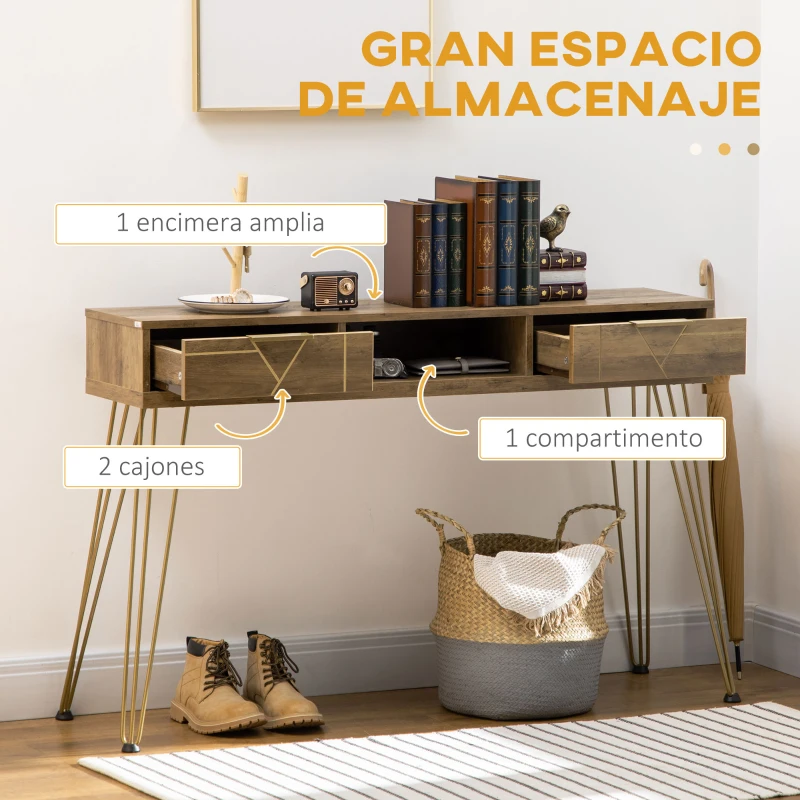 HOMCOM Consola Mueble Recibidor de Entrada con 2 Cajones Estante Abierto y Patas de Acero 120x29x79 cm Madera y Bronce