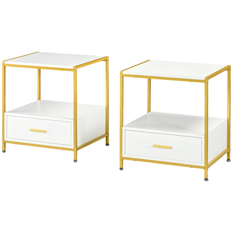 HOMCOM Set di 2 Comodini Moderni con Cassetto e Ripiano Aperto, 50x40x55cm, Bianco e Oro