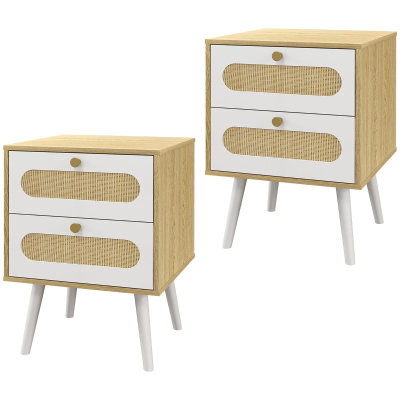 HOMCOM Comodino con Cassetti Set 2 Pezzi in Truciolato e MDF in stile Boho, 40x40x55 cm, Rovere e Bianco